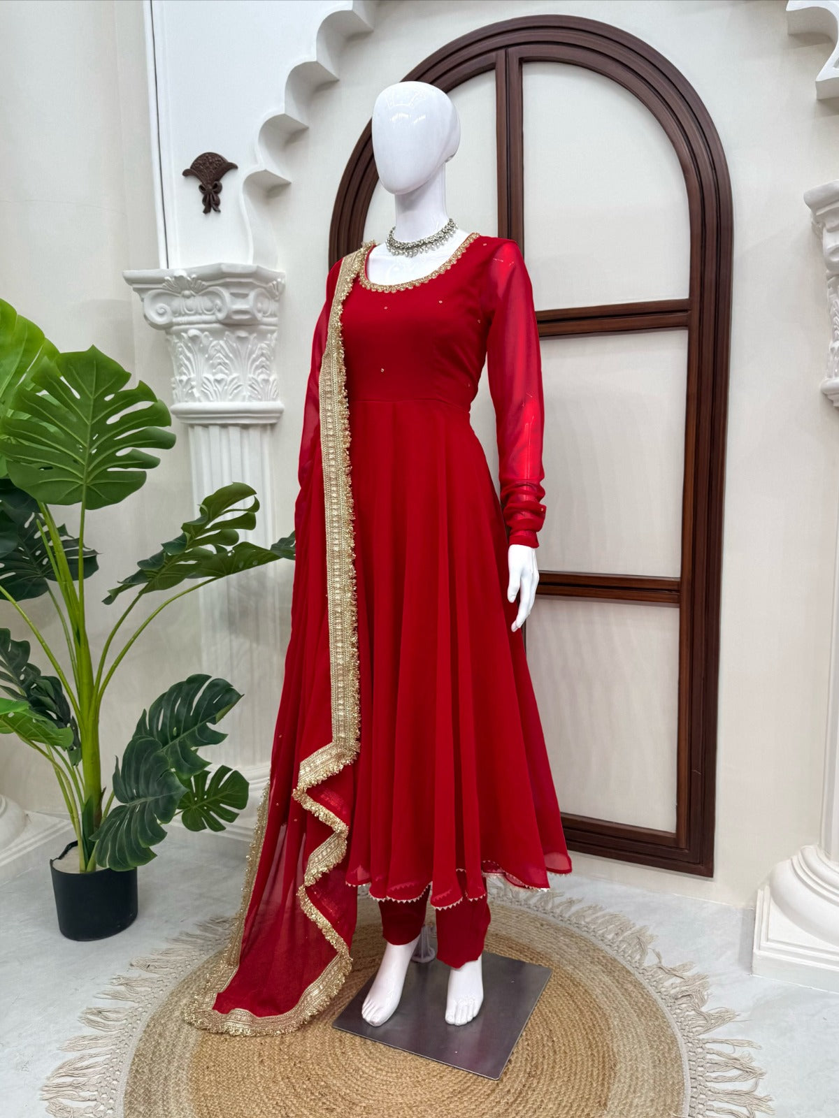 Elegant Red Anarkali Suit Set With Front & Back Neck Handwork