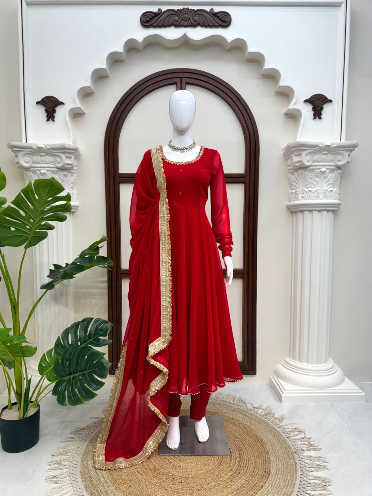 Elegant Red Anarkali Suit Set With Front & Back Neck Handwork