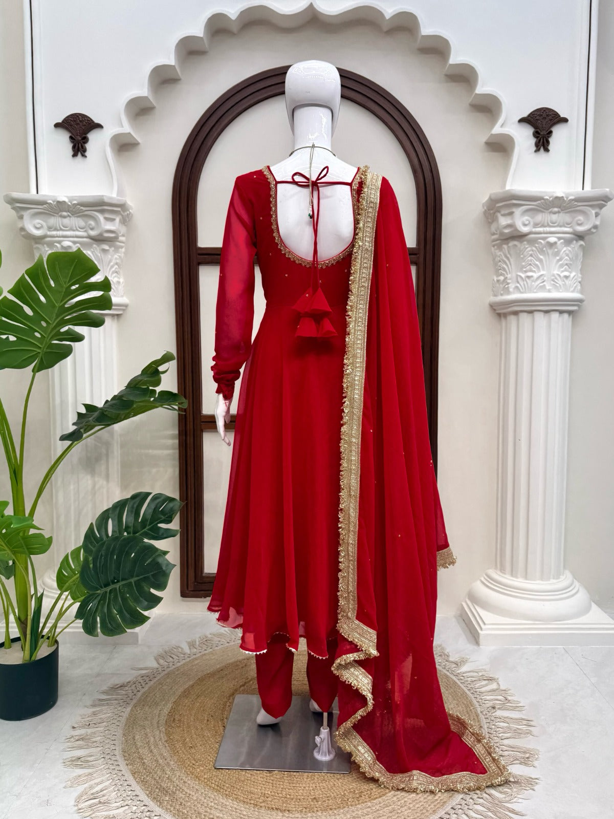 Elegant Red Anarkali Suit Set With Front & Back Neck Handwork