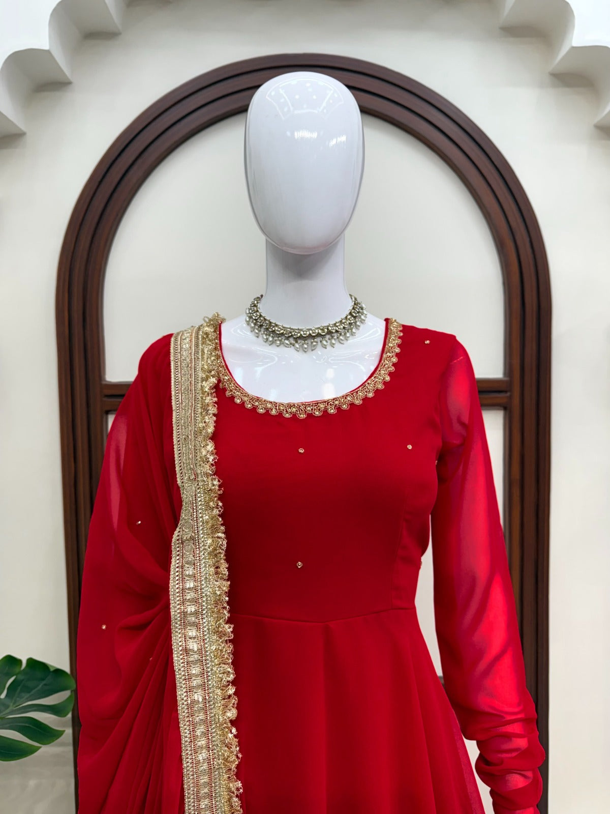 Elegant Red Anarkali Suit Set With Front & Back Neck Handwork