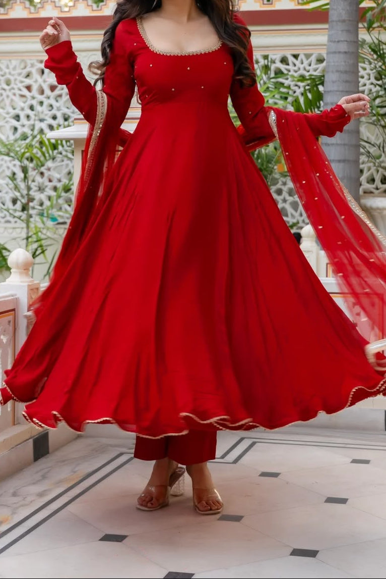 Elegant Red Anarkali Suit Set With Front & Back Neck Handwork