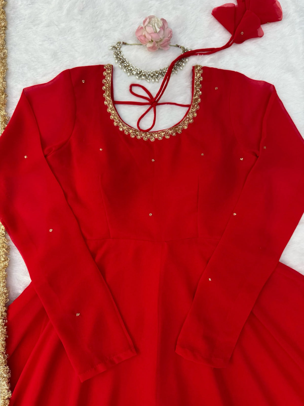 Elegant Red Anarkali Suit Set With Front & Back Neck Handwork