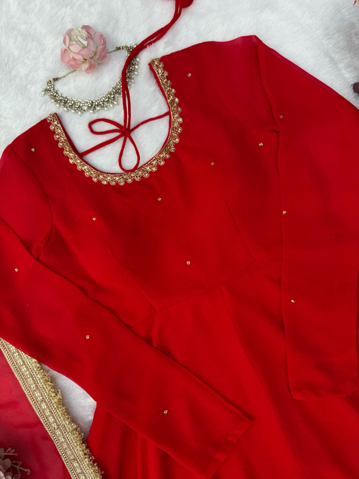 Elegant Red Anarkali Suit Set With Front & Back Neck Handwork