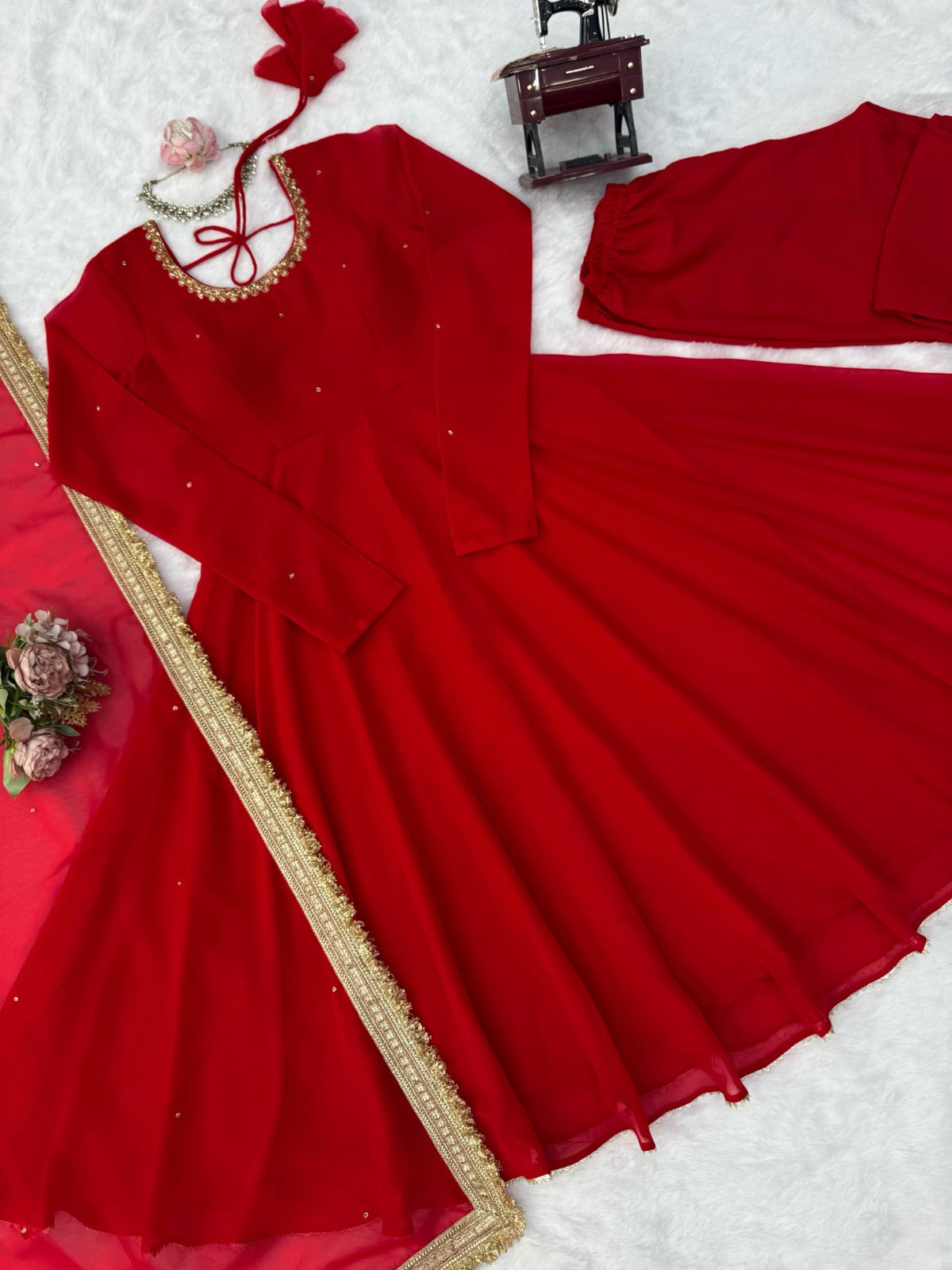 Elegant Red Anarkali Suit Set With Front & Back Neck Handwork