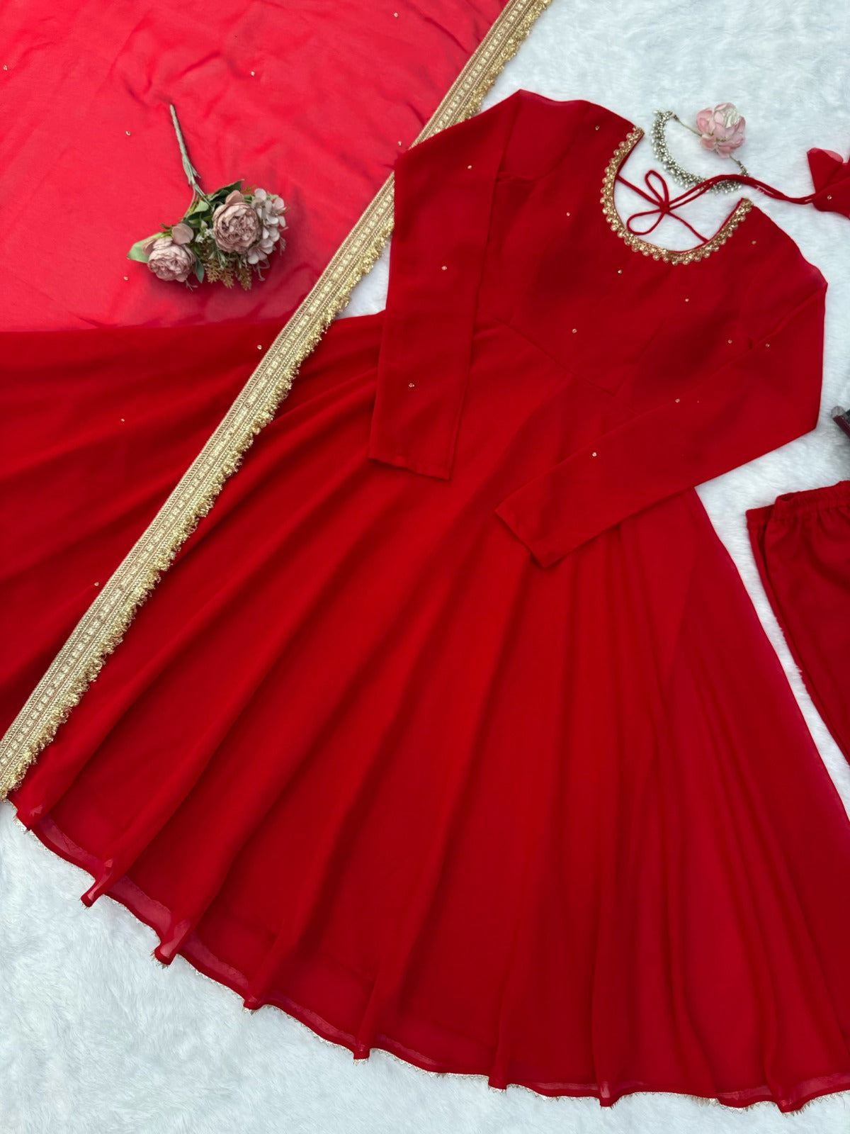 Elegant Red Anarkali Suit Set With Front & Back Neck Handwork
