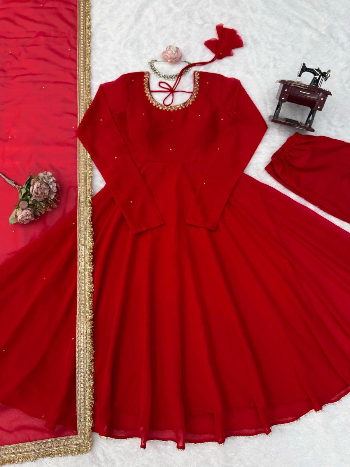 Elegant Red Anarkali Suit Set With Front & Back Neck Handwork