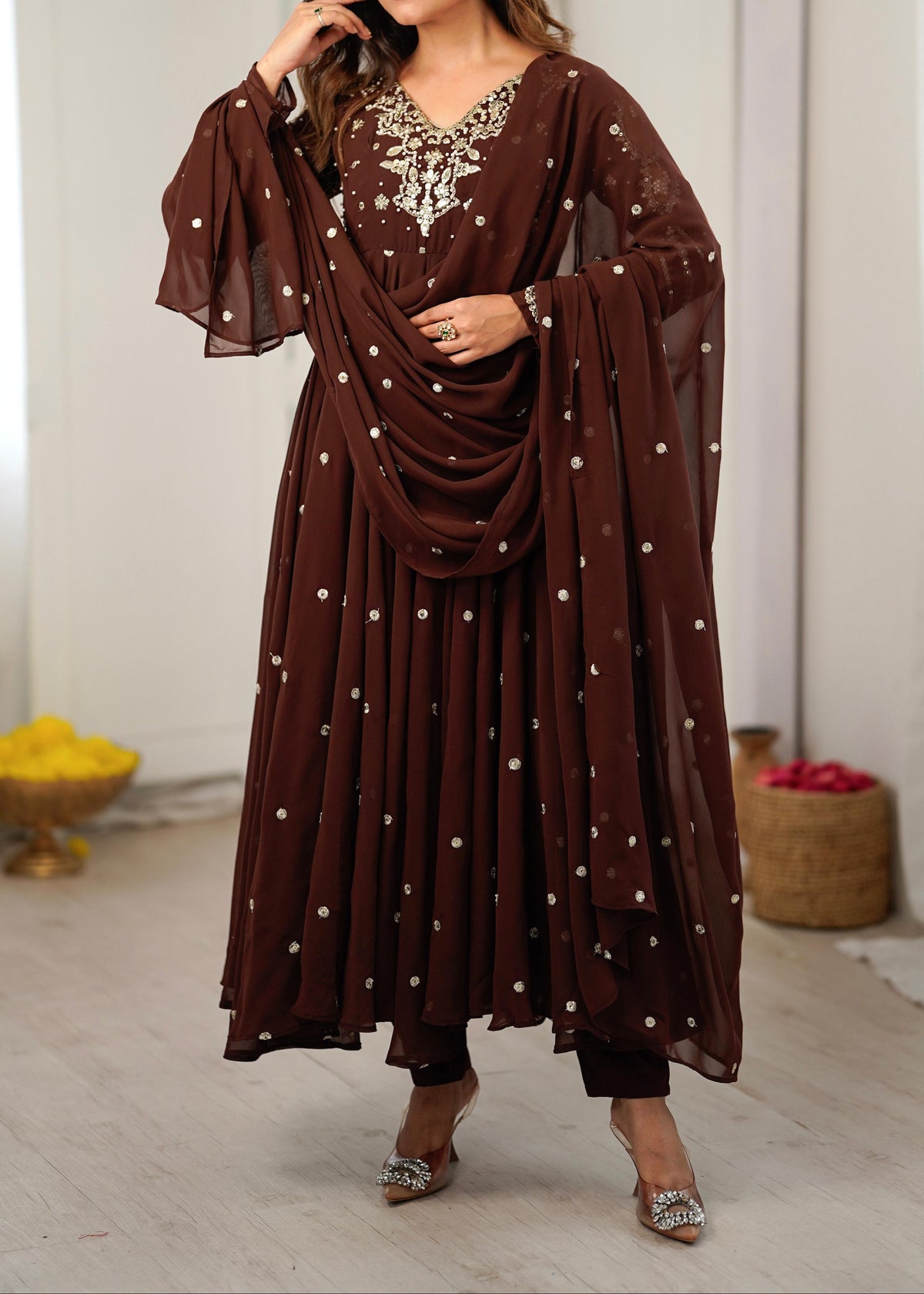 Festive Wear Faux Georgette Embroidered Anarkali Suit Set