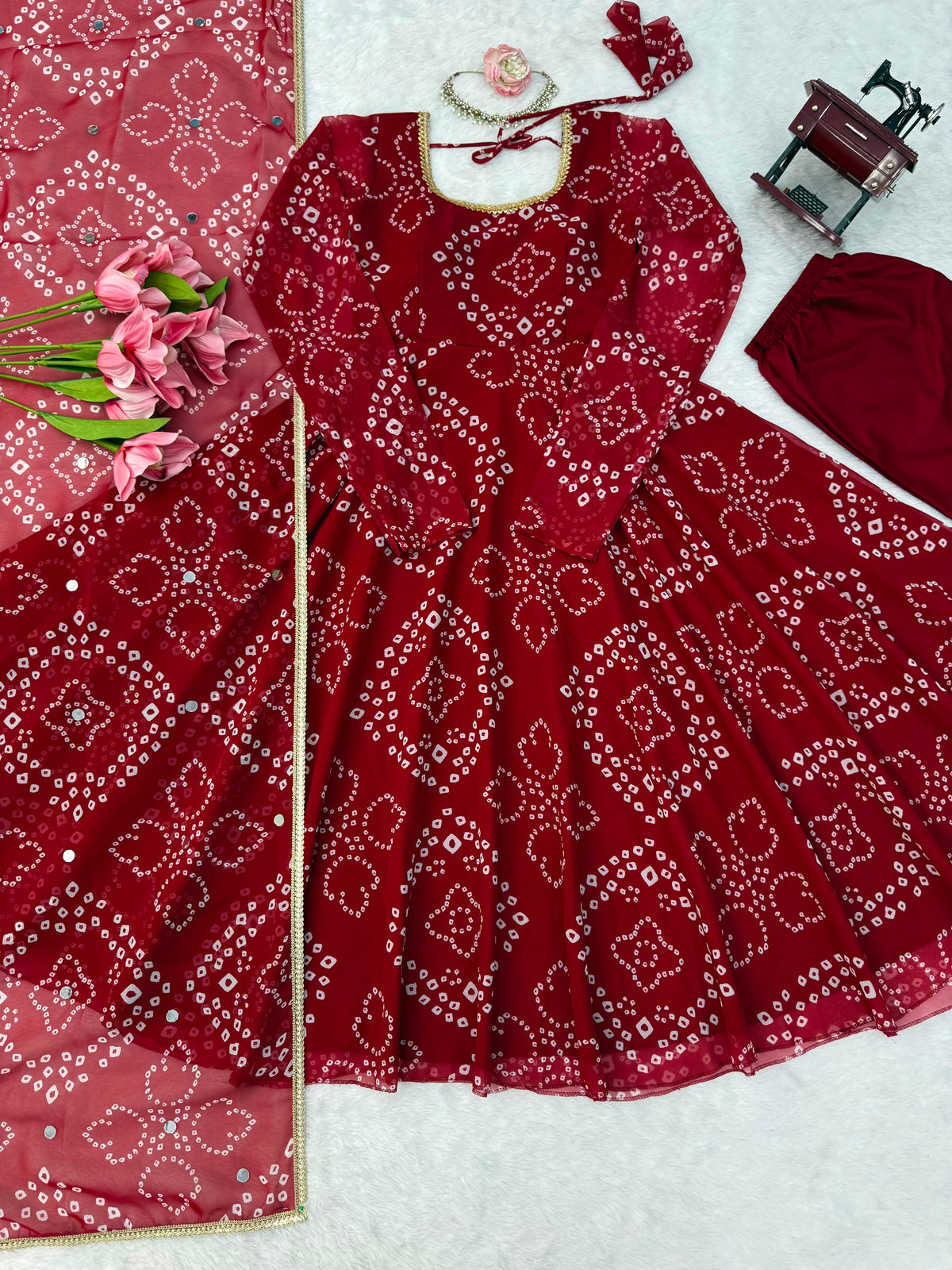 Designer Bandhni Digital Print Faux Georgette Anarkali Suit Set