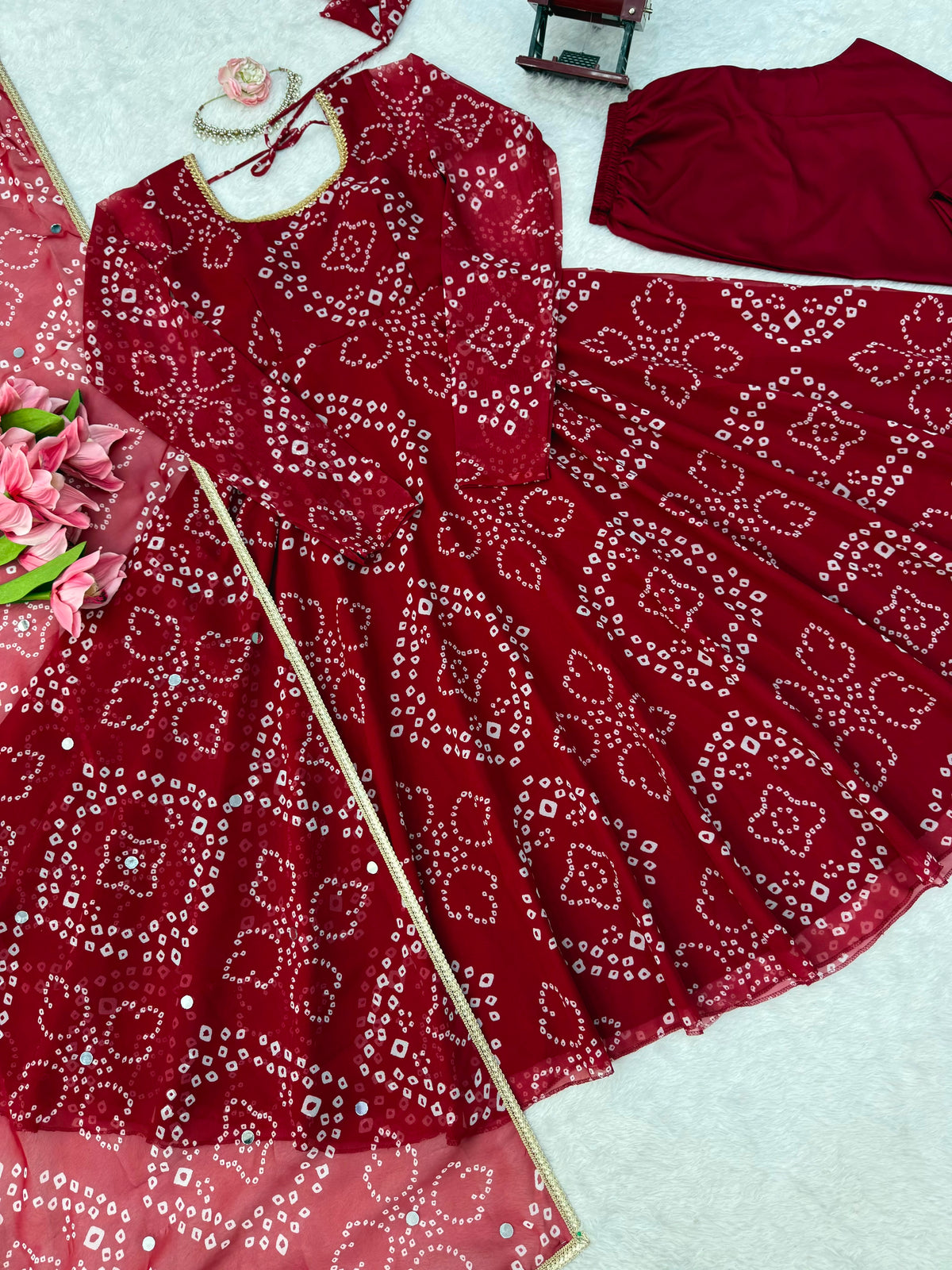 Designer Bandhni Digital Print Faux Georgette Anarkali Suit Set