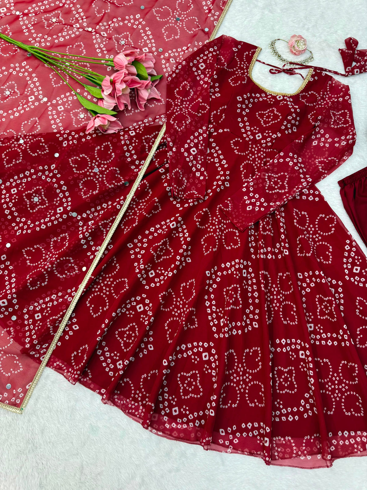Designer Bandhni Digital Print Faux Georgette Anarkali Suit Set