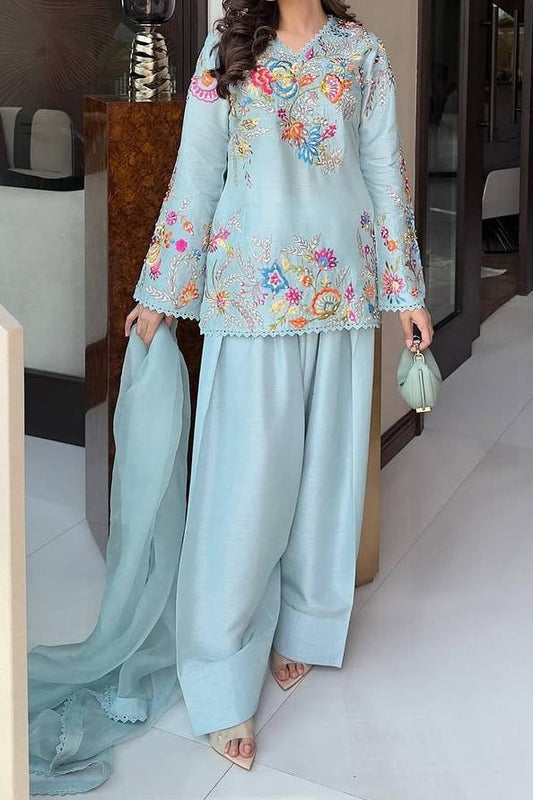 Premium Crape Silk Sequence embroidered Farshi Salwar Set With Organza Dupatta