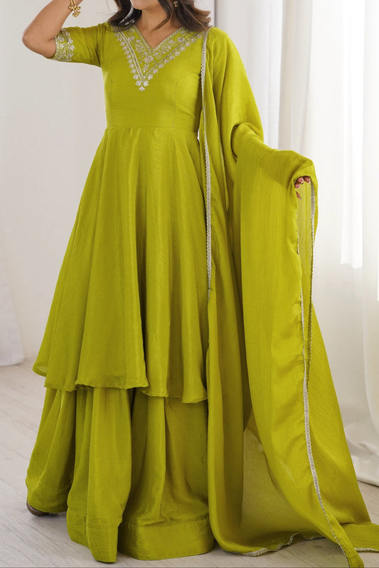 Beautiful Heavy Chinon Silk Ready To Wear Sharara Set