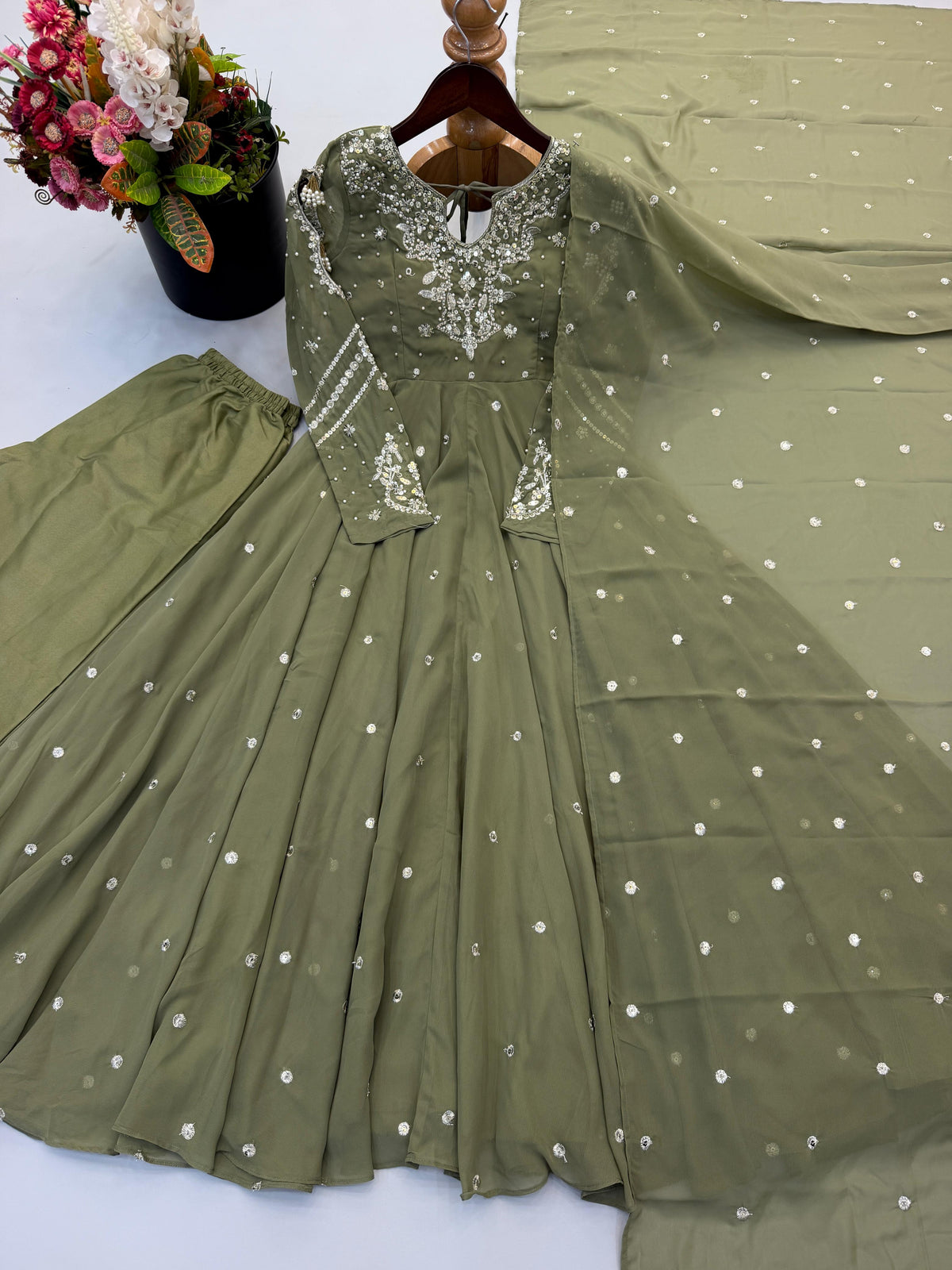Festive Wear Faux Georgette Embroidered Anarkali Suit Set