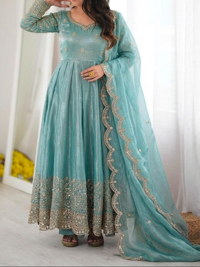 Fendy Silk Embroidered Coding & Sequins Work Gown Set with Pant & Dupatta