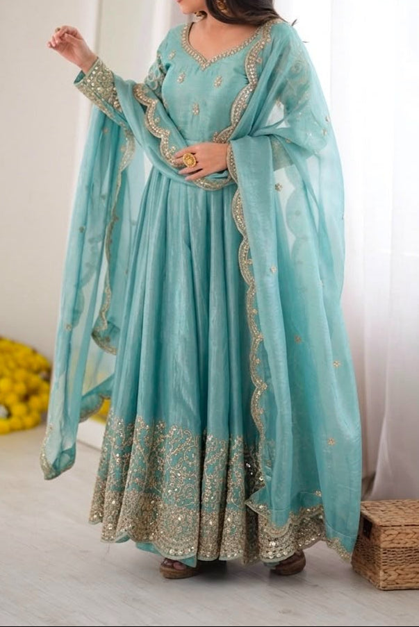 Fendy Silk Embroidered Coding & Sequins Work Gown Set with Pant & Dupatta