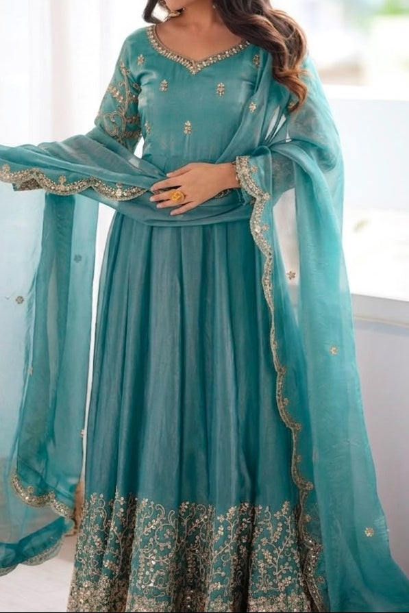 Fendy Silk Embroidered Coding & Sequins Work Gown Set with Pant & Dupatta