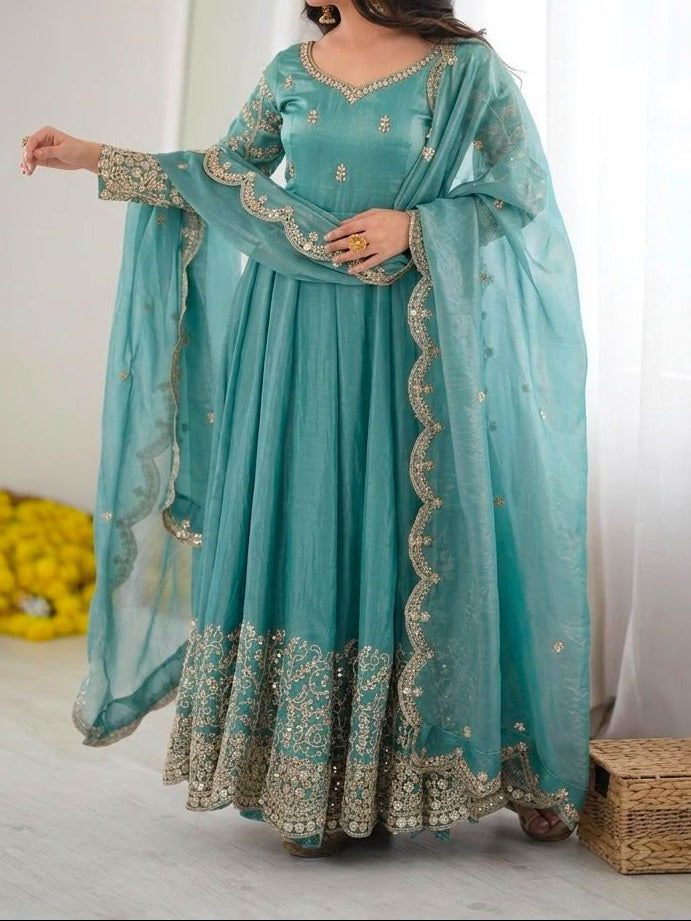Fendy Silk Embroidered Coding & Sequins Work Gown Set with Pant & Dupatta