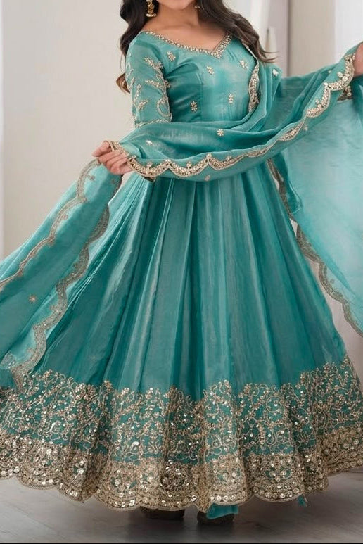 Fendy Silk Embroidered Coding & Sequins Work Gown Set with Pant & Dupatta
