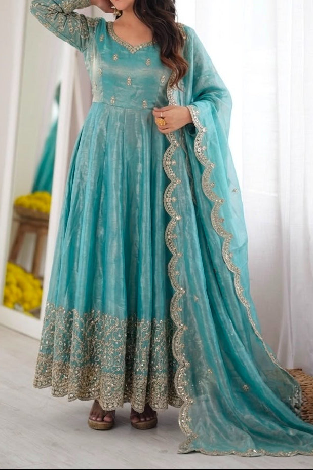 Fendy Silk Embroidered Coding & Sequins Work Gown Set with Pant & Dupatta