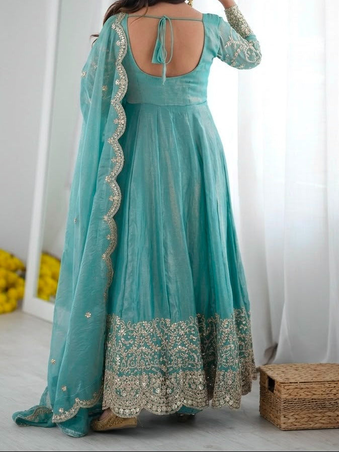 Fendy Silk Embroidered Coding & Sequins Work Gown Set with Pant & Dupatta