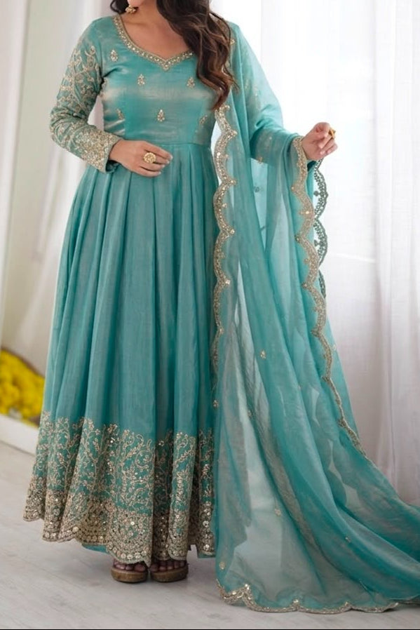Fendy Silk Embroidered Coding & Sequins Work Gown Set with Pant & Dupatta