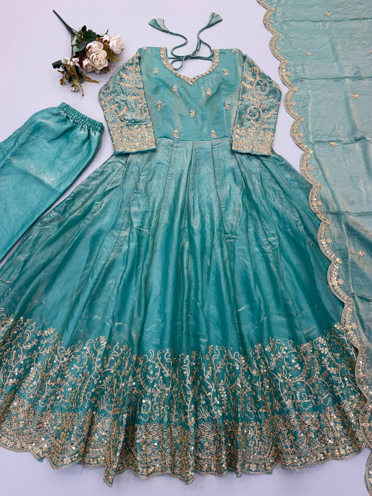 Fendy Silk Embroidered Coding & Sequins Work Gown Set with Pant & Dupatta
