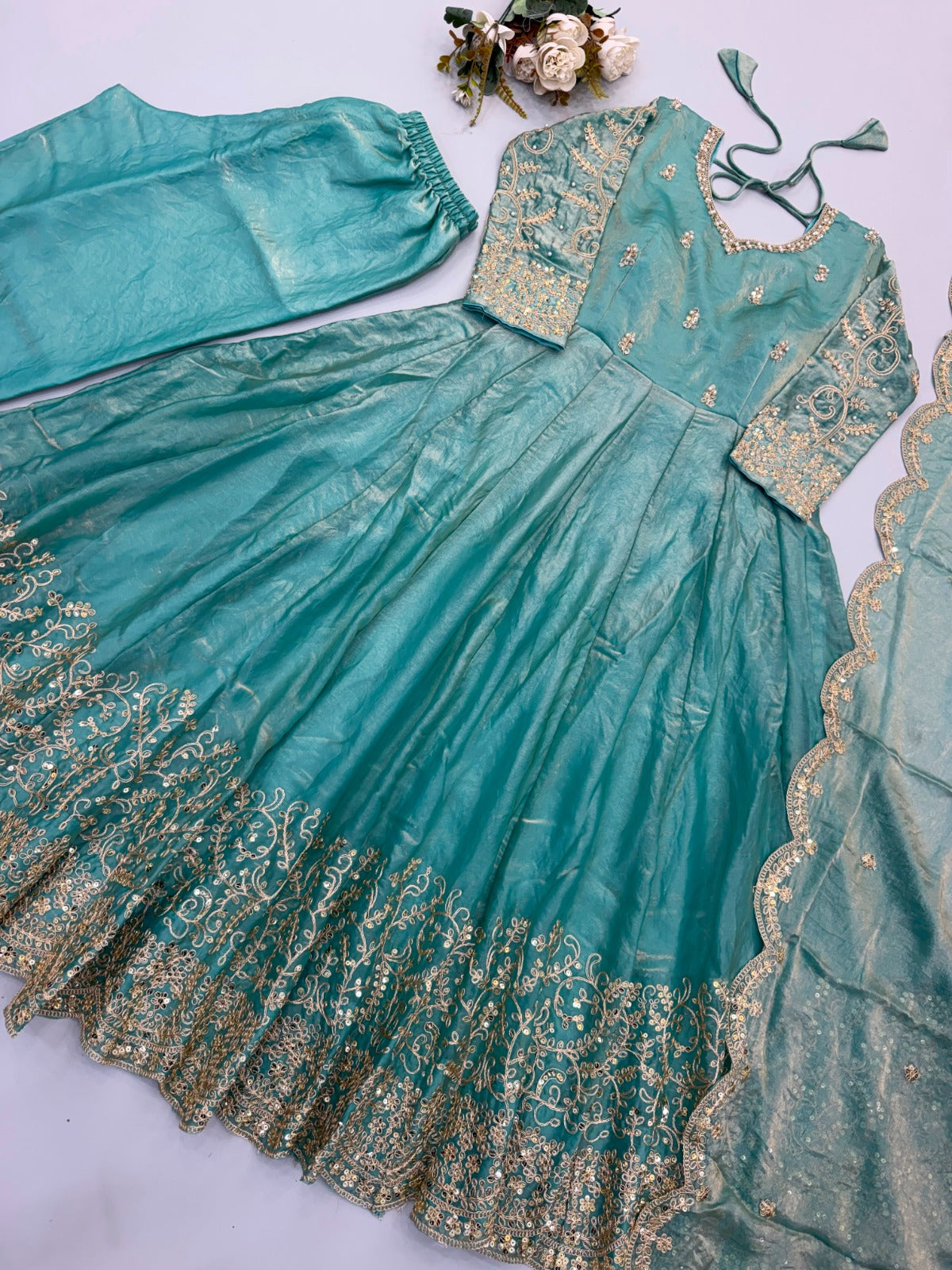 Fendy Silk Embroidered Coding & Sequins Work Gown Set with Pant & Dupatta