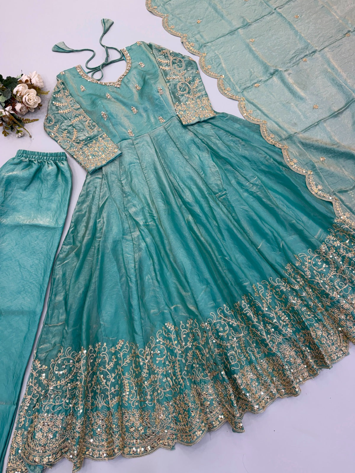 Fendy Silk Embroidered Coding & Sequins Work Gown Set with Pant & Dupatta