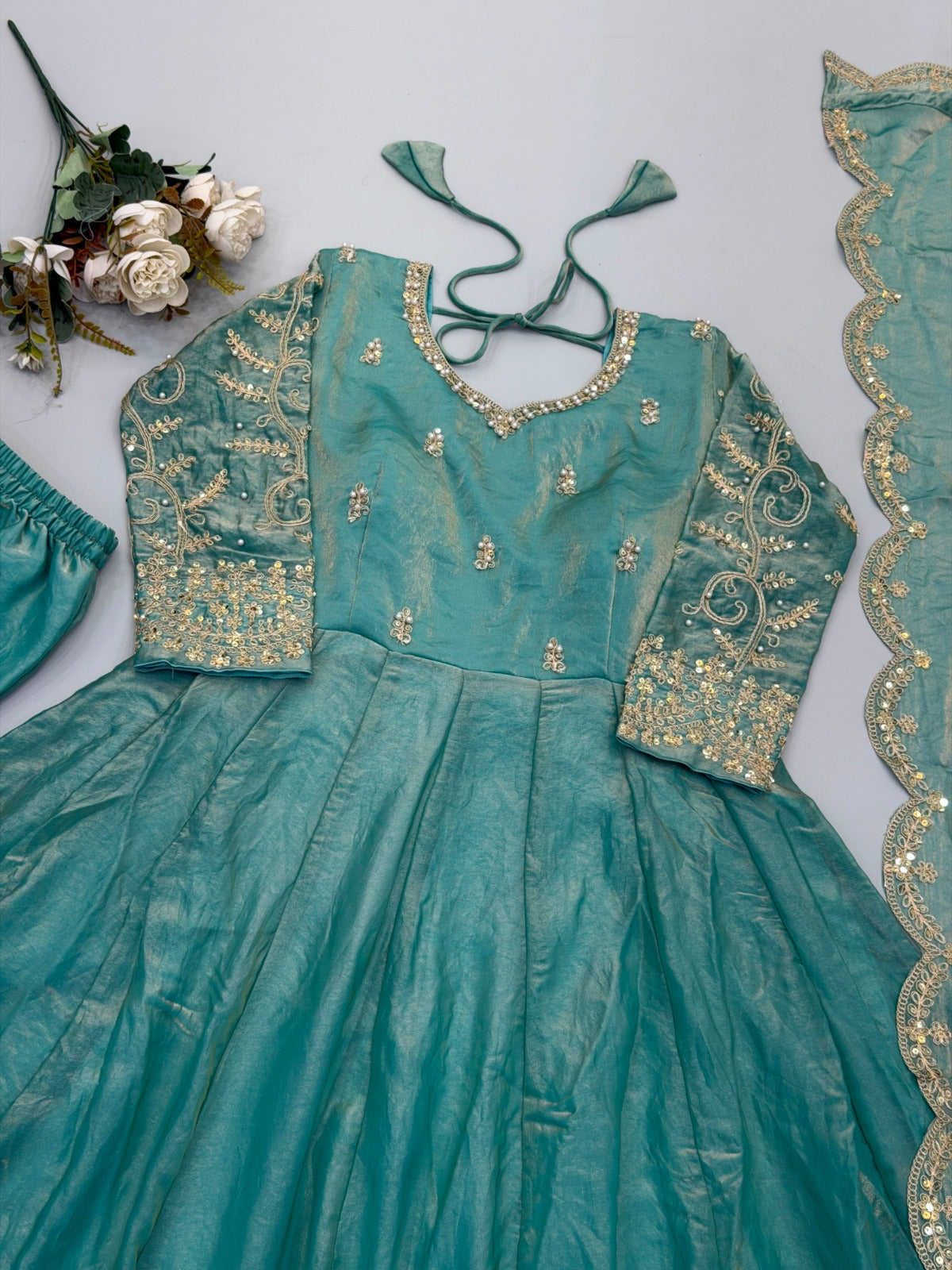 Fendy Silk Embroidered Coding & Sequins Work Gown Set with Pant & Dupatta