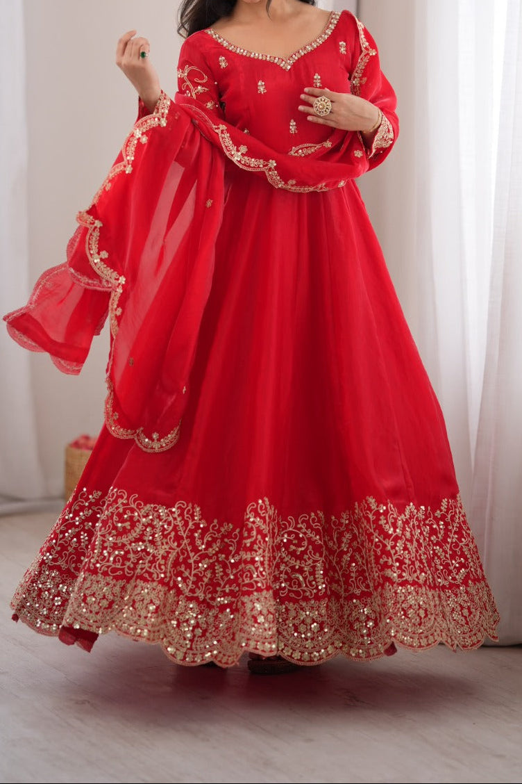 Fendy Silk Embroidered Coding & Sequins Work Gown Set with Pant & Dupatta