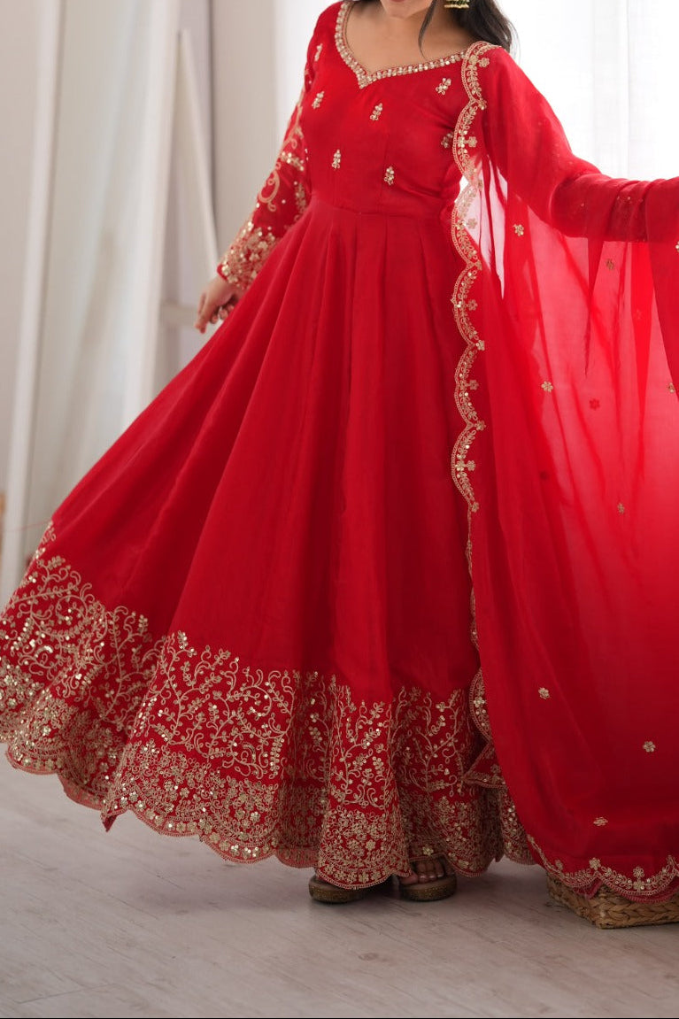 Fendy Silk Embroidered Coding & Sequins Work Gown Set with Pant & Dupatta