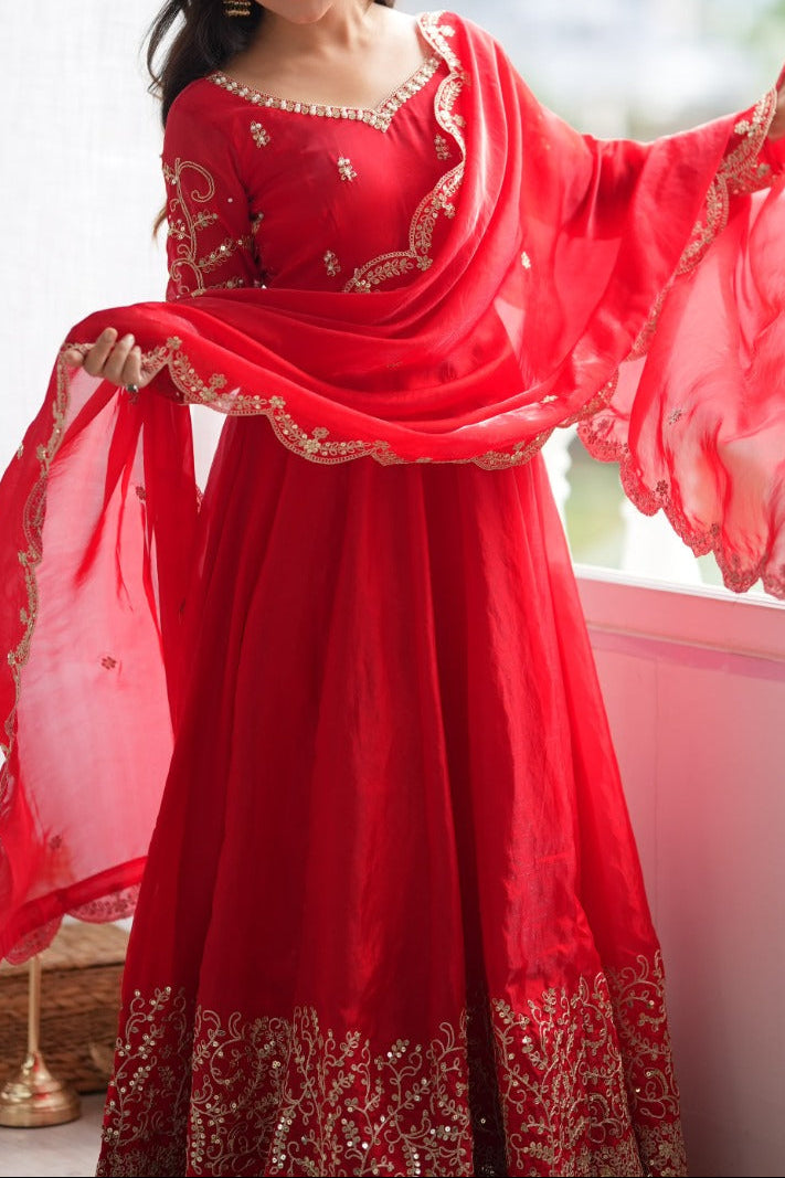 Fendy Silk Embroidered Coding & Sequins Work Gown Set with Pant & Dupatta