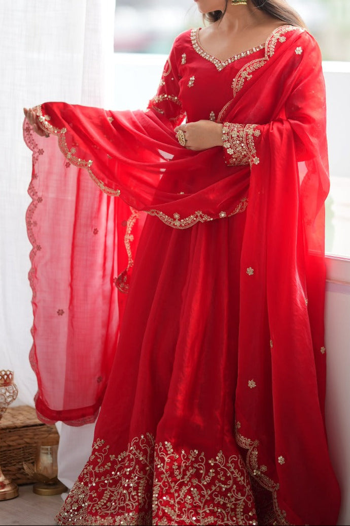 Fendy Silk Embroidered Coding & Sequins Work Gown Set with Pant & Dupatta
