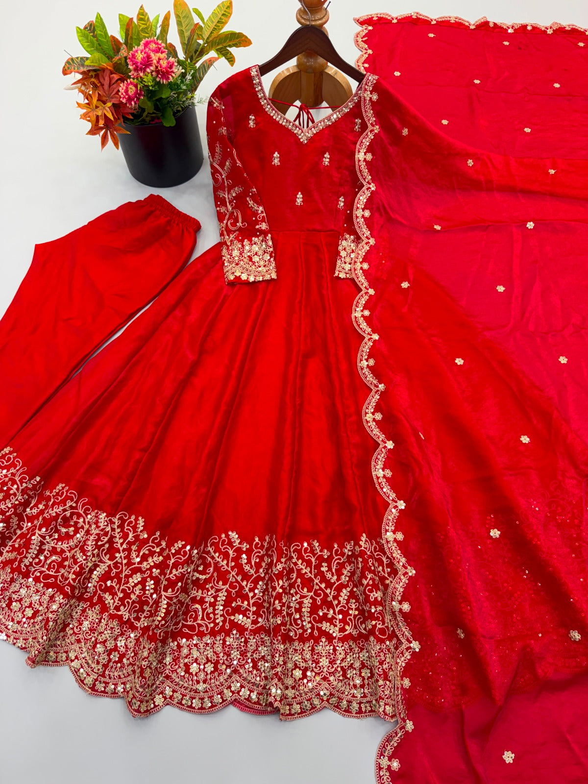 Fendy Silk Embroidered Coding & Sequins Work Gown Set with Pant & Dupatta