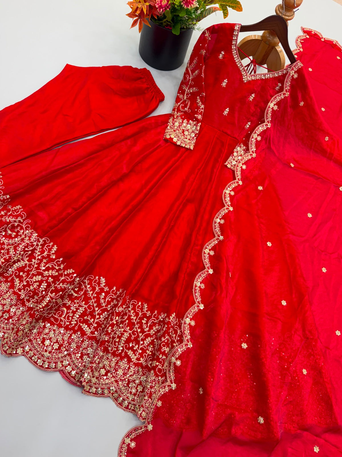 Fendy Silk Embroidered Coding & Sequins Work Gown Set with Pant & Dupatta