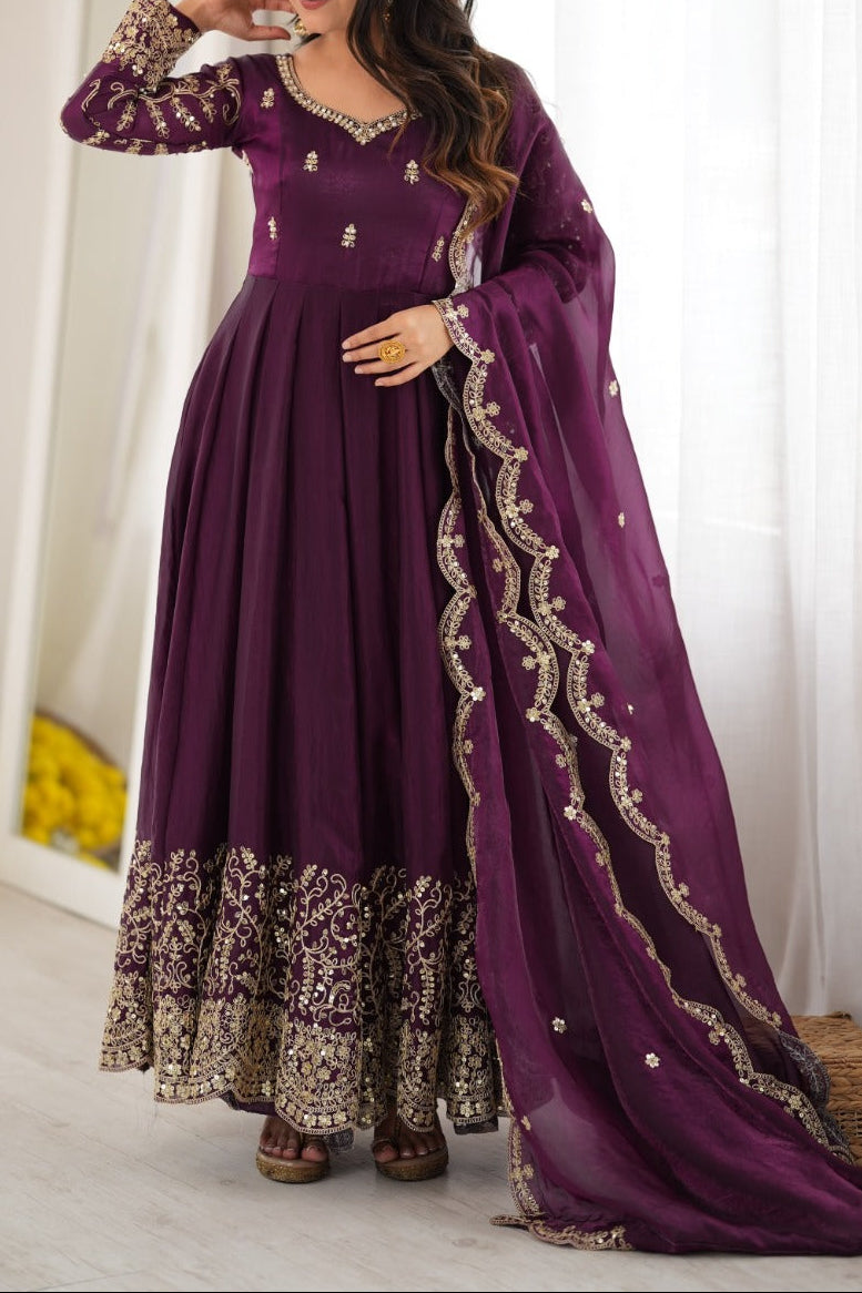 Fendy Silk Embroidered Coding & Sequins Work Gown Set with Pant & Dupatta