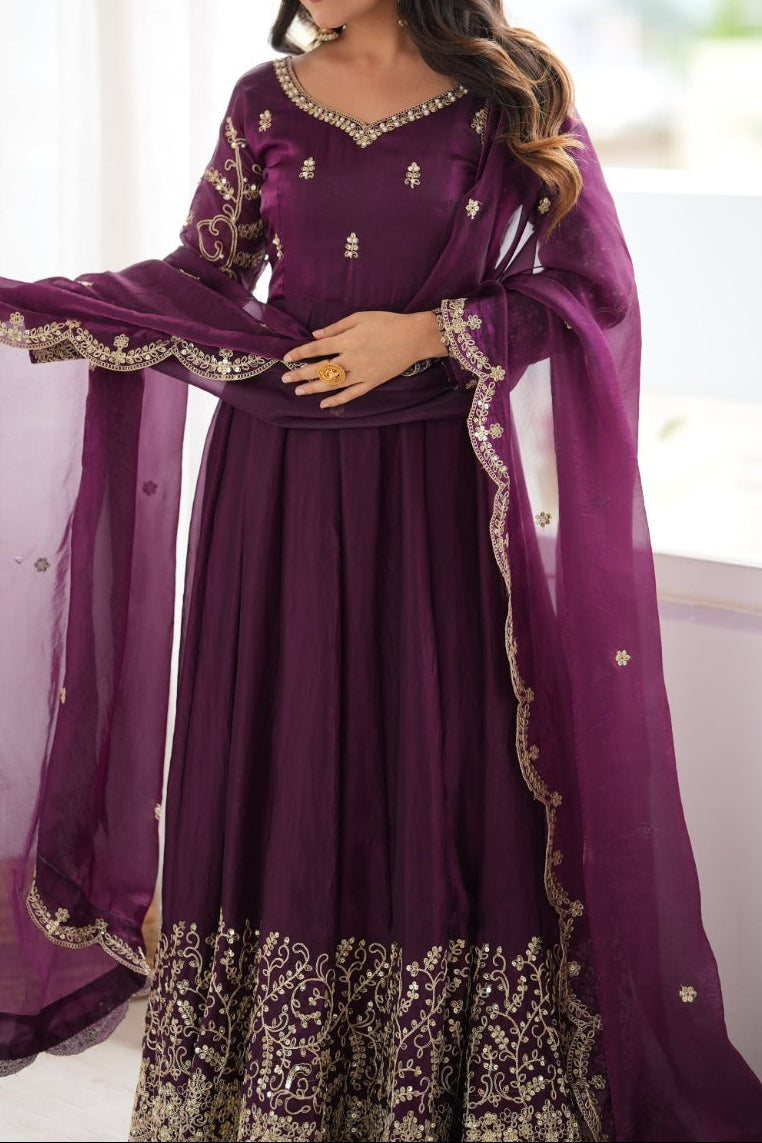 Fendy Silk Embroidered Coding & Sequins Work Gown Set with Pant & Dupatta
