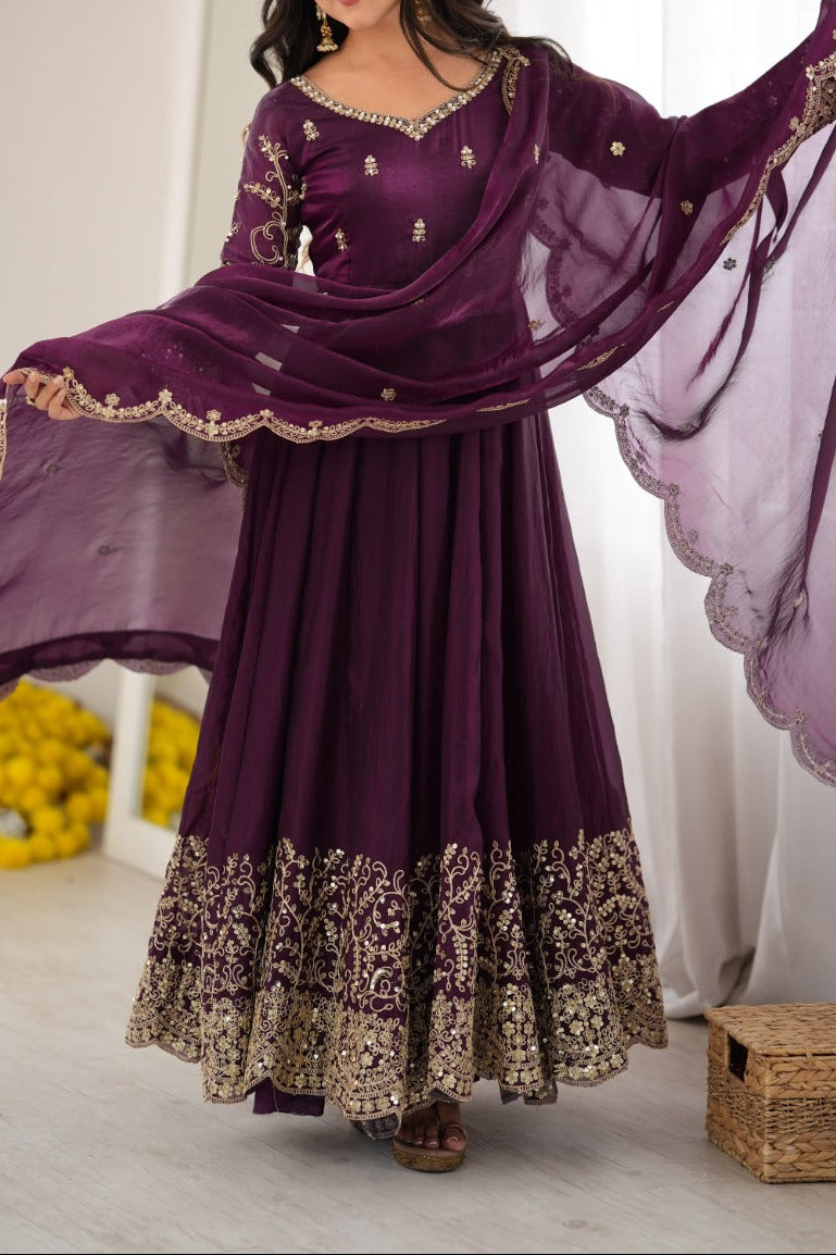 Fendy Silk Embroidered Coding & Sequins Work Gown Set with Pant & Dupatta