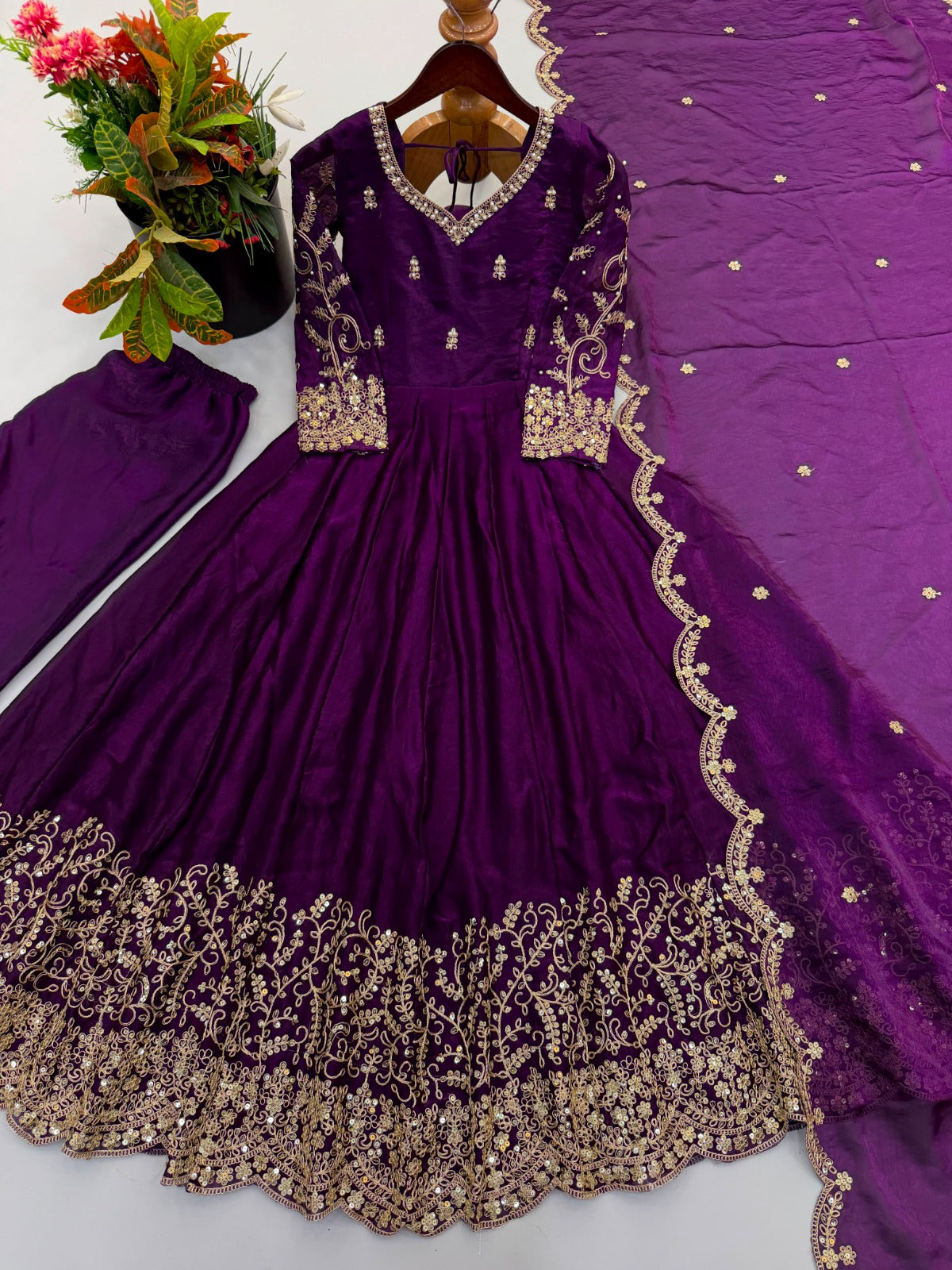 Fendy Silk Embroidered Coding & Sequins Work Gown Set with Pant & Dupatta