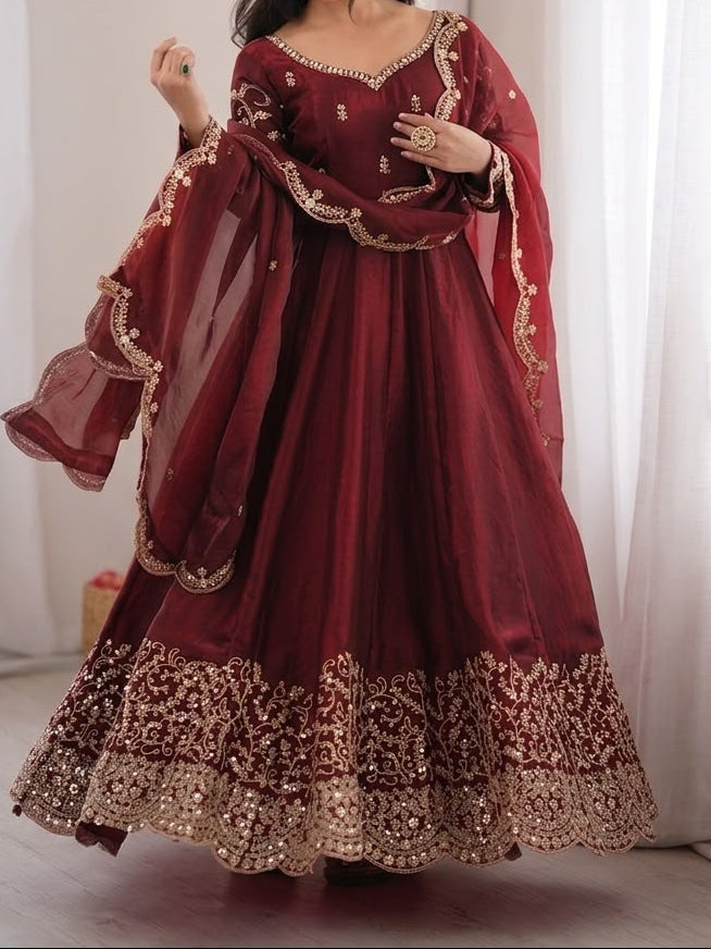 Fendy Silk Embroidered Coding & Sequins Work Gown Set with Pant & Dupatta