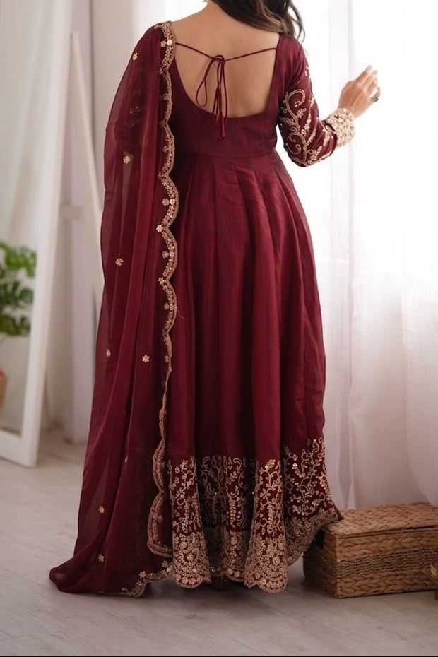 Fendy Silk Embroidered Coding & Sequins Work Gown Set with Pant & Dupatta