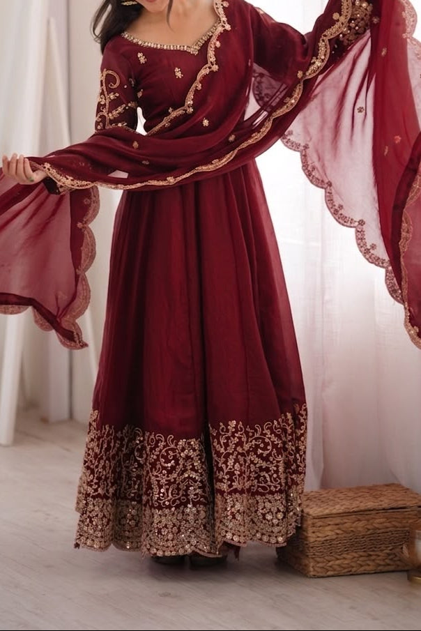 Fendy Silk Embroidered Coding & Sequins Work Gown Set with Pant & Dupatta