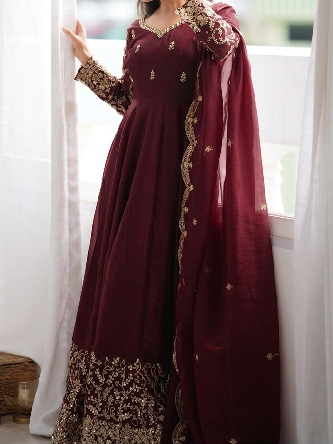 Fendy Silk Embroidered Coding & Sequins Work Gown Set with Pant & Dupatta