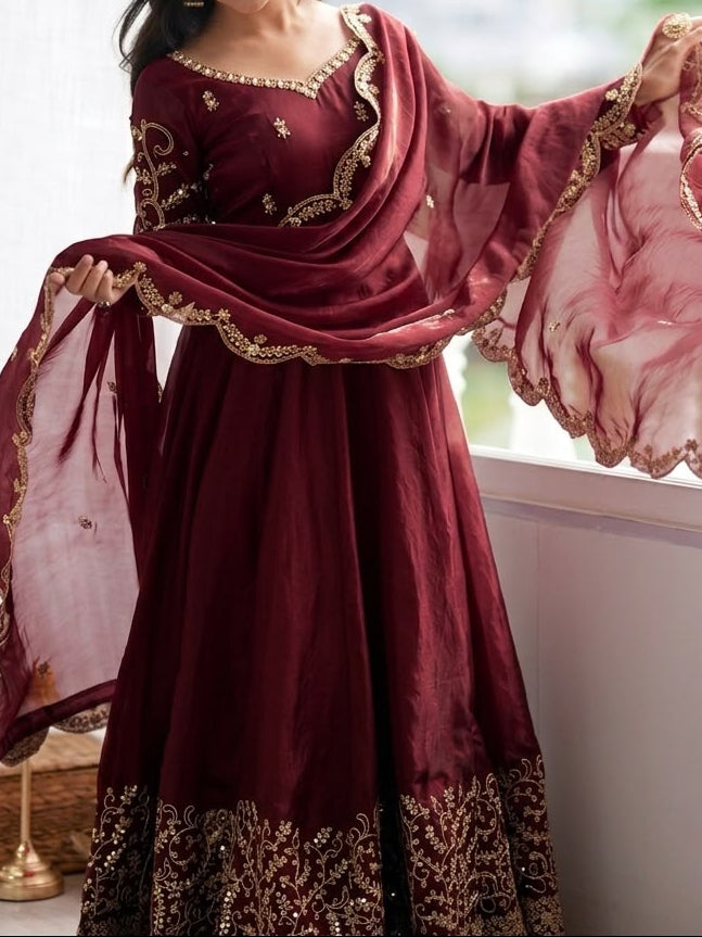 Fendy Silk Embroidered Coding & Sequins Work Gown Set with Pant & Dupatta