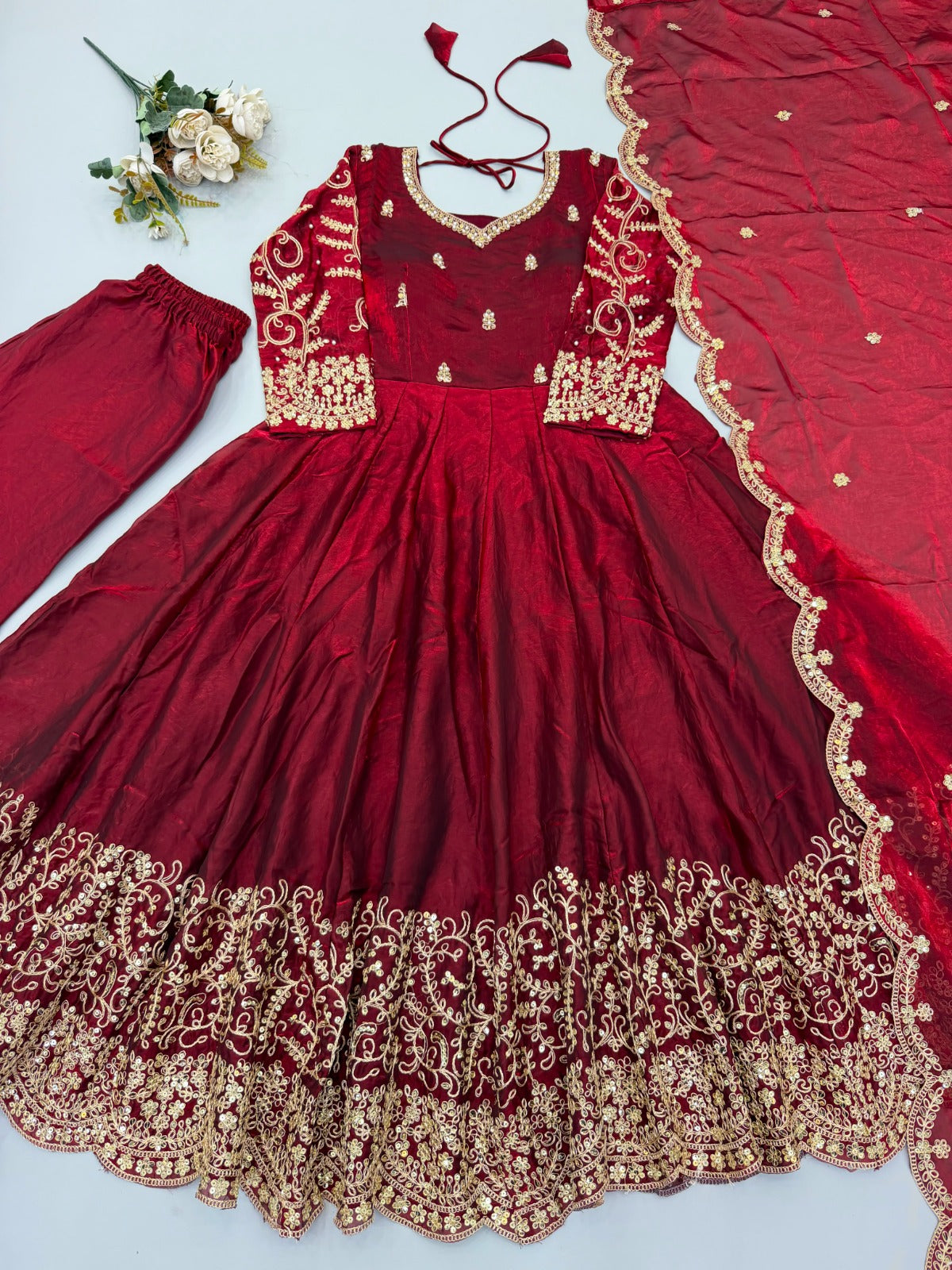 Fendy Silk Embroidered Coding & Sequins Work Gown Set with Pant & Dupatta