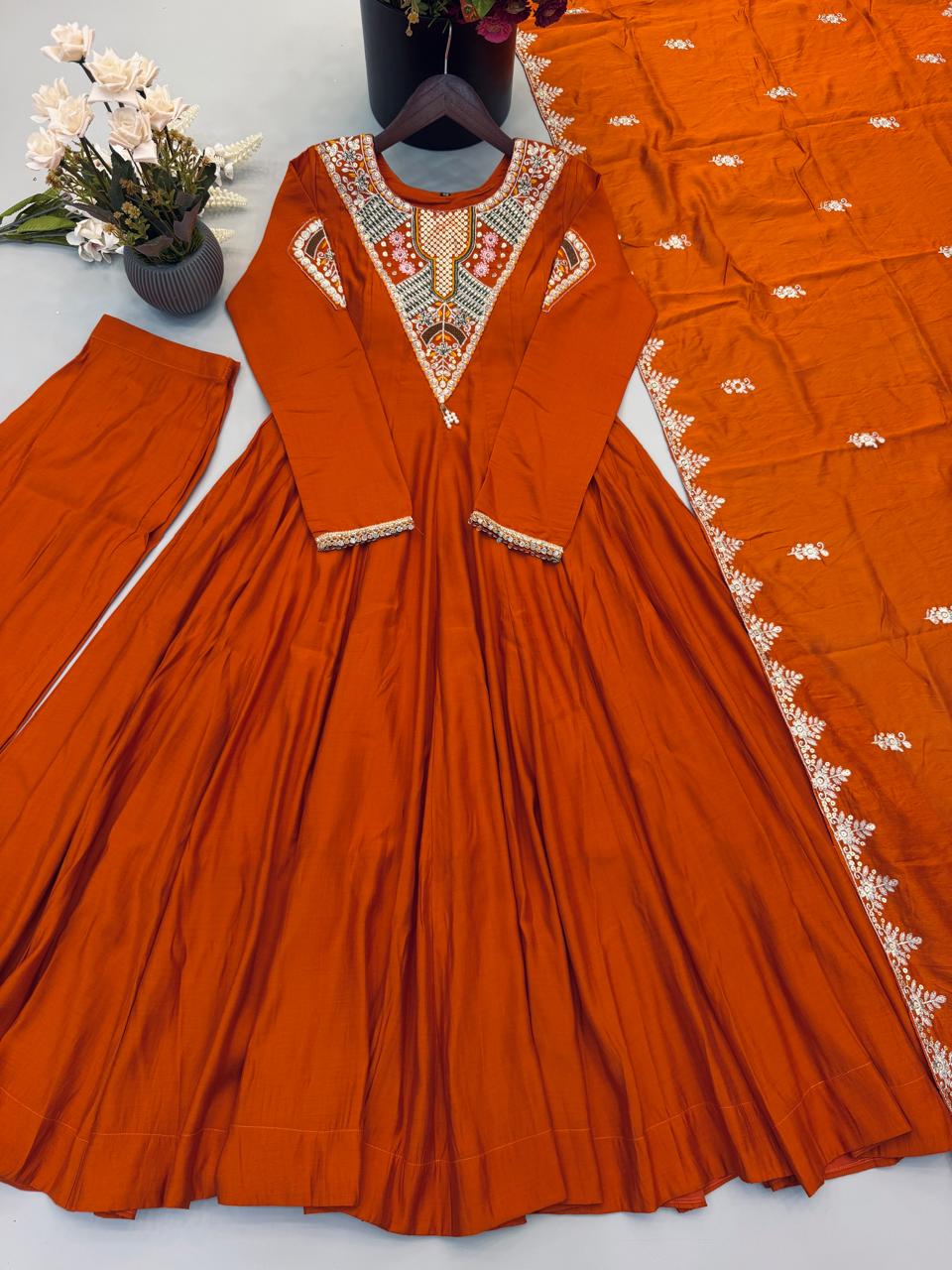 Elegant Embroidered Sequence Work Designer Anarkali Three Piece Set