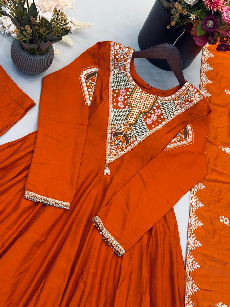 Elegant Embroidered Sequence Work Designer Anarkali Three Piece Set