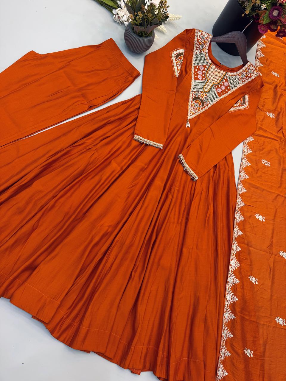Elegant Embroidered Sequence Work Designer Anarkali Three Piece Set