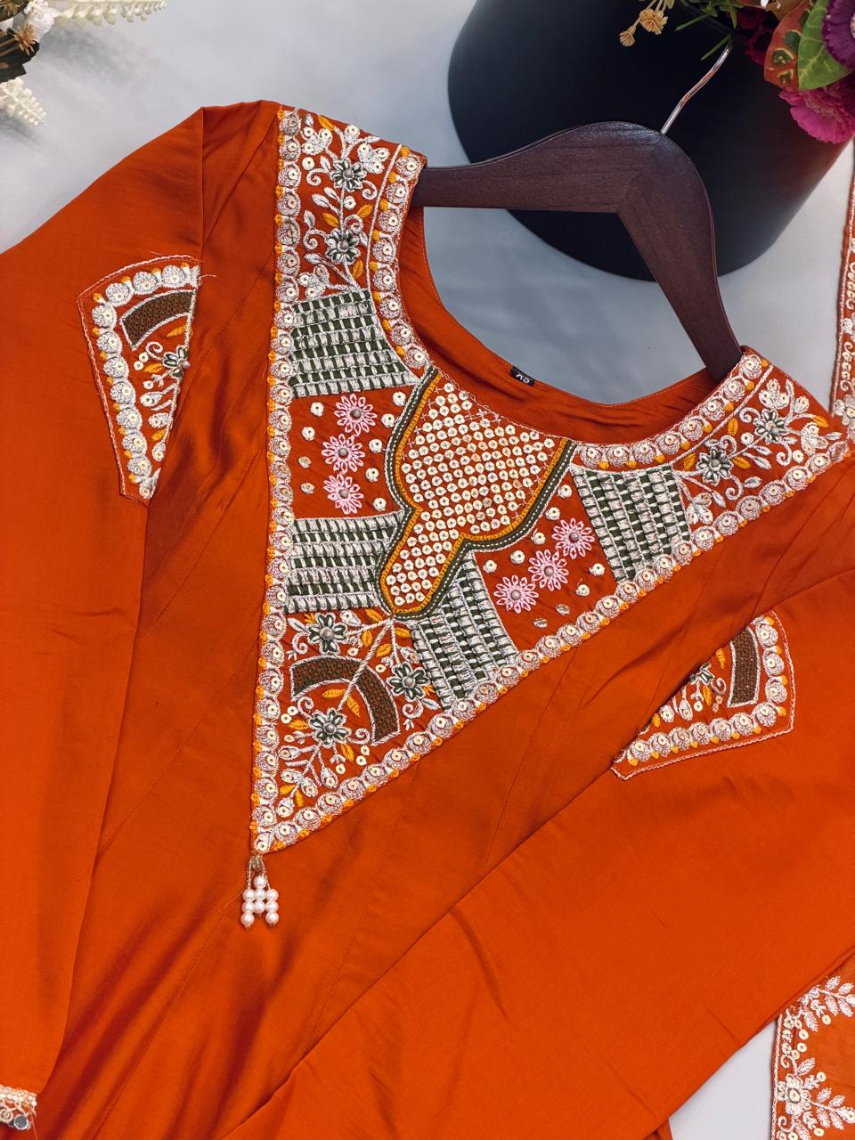 Elegant Embroidered Sequence Work Designer Anarkali Three Piece Set