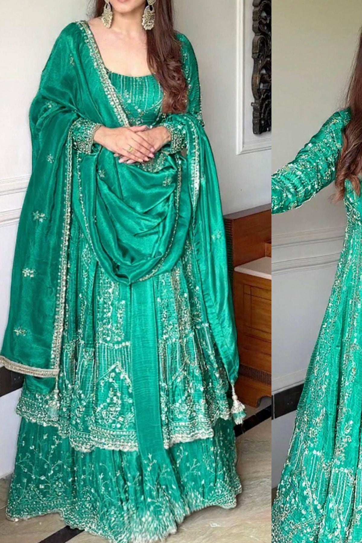 Designer Party Wear Look Embroidery Work Gown With Lehenga and Dupatta